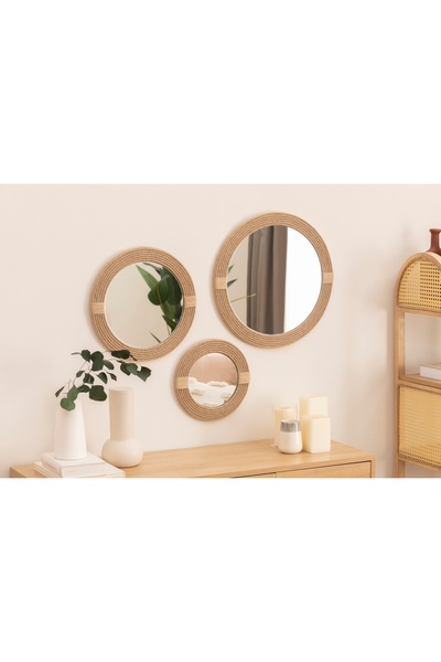 Vivense DFN WOOD JUT HALATLI ÜÇLÜ YUVARLAK DEKORATİF DUVAR AYNASI