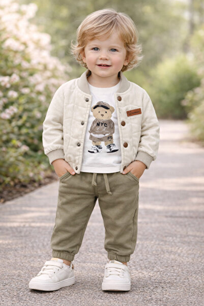 Concept Set 3 Piese Băieți Maro-Crem cu Imprimeu Ursuleț 6-18 Luni