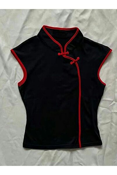 ARS Butik Bluză cu mânecă scurtă basic cu guler mandarin, nod chinezesc și de...