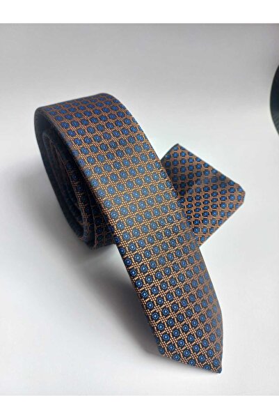 Kravatistan Navy Blue Patterned Thin Tie Handkerchief Set 5.5cm