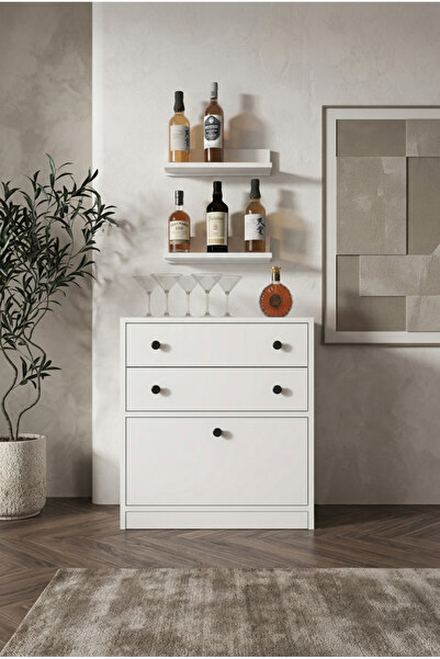 FOR WOMAN DESİGN Ahşap Şık Beyaz Mini Bar ve Şarap Standı - Modern 2 Çekmecel...