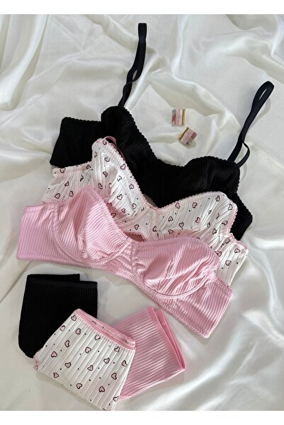 İNKO İÇ GİYİM 3 Colorful Underwire Patterned Cotton Bra Set