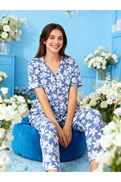NiCe İç Giyim Μπλε Χρώμα Λευκό λουλουδάτο Σχέδιο Μιλάνο Υφασμάτινο Σετ Πιτζάμ...