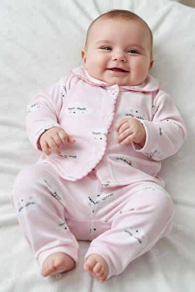 bebegen طقم بيجامة للفتيات الصغيرات باللون الوردي Bulut منقوش حواف أسطوانية ب...