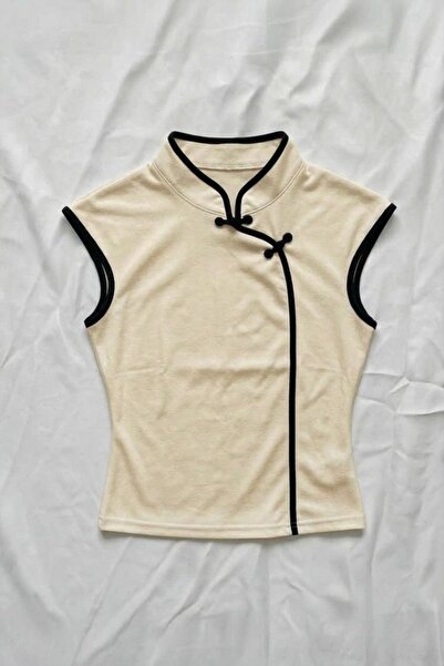 ARS Butik Bluză cu mânecă scurtă, cu detaliu nod în stil chinezesc și guler, ...