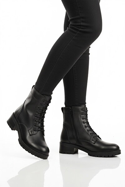 Aspor Black Genuine Leather Zippered Lace Detailed Women's Heeled Boots