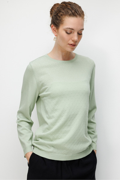 Desen Triko Women's Crew Neck Patterned Long Sleeve Fine Knit Blouse S.Green