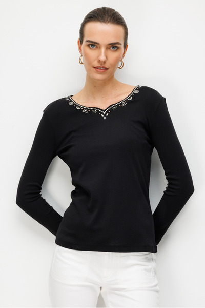 Desen Triko Kadın Sıfır Yaka Yakası ve Kolu İşlemeli Pamuklu Penye Bluz Siyah