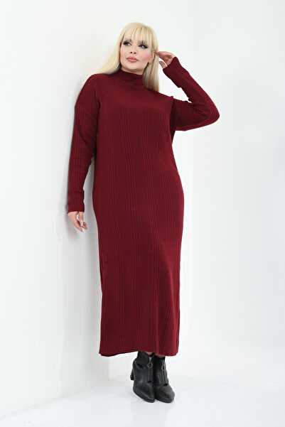 MJORA Rochie tricotată cu guler pe jumătate, roșu Claret din material subțire
