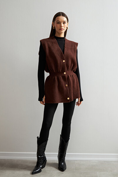 Yefrastore Women's Bitter Brown Gold Button Detailed Soft Vest