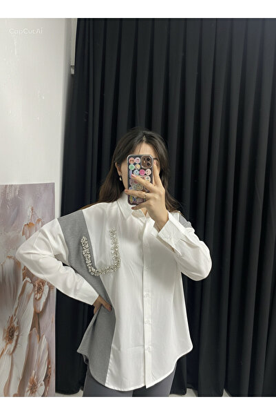 SPARKLE Taşlı tasarım cep detay beyaz gömlek