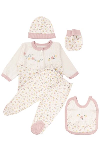 bebegen Baby Girl Ecru Powder Floral Embroidered Ruffled 5-Piece Hospital Dis...
