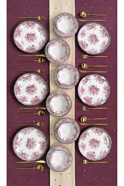 Erbaşlar Pembe Antik 18 Parça 6 Kişilik Lüx Yemek Takımı, Yemek Seti