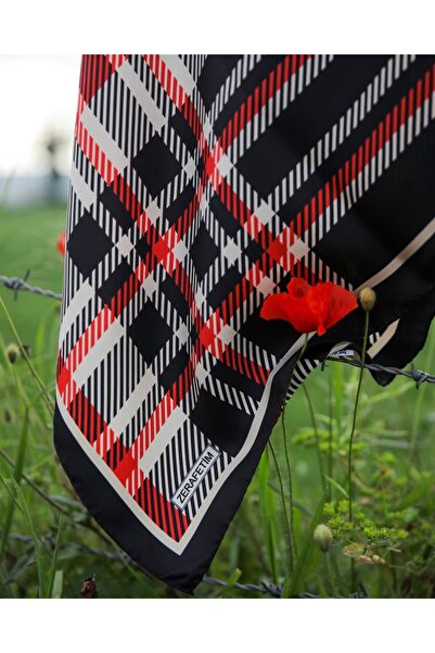 Zerafetim Κασκόλ Twill Μετάξι Μαύρο, Κόκκινο, Κρεμ, E Καρό Καρό Σχέδιο