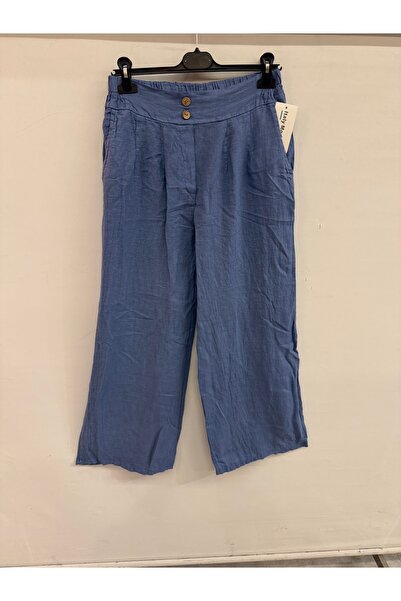 della moor Women's Blue Italian Elastic Waist B Wide-Leg Casual K Linen Trous...