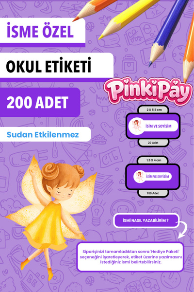 İsim Yazılabilir Sevimli Peri Kızları Temalı Okul Etiketi – Kalem & Defter İçin 200 Adet