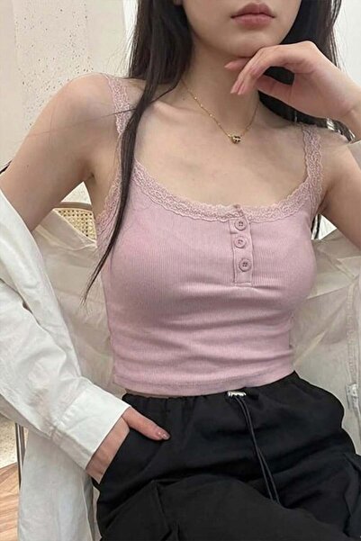 Köstebek Powder Button Collar Lace Detailed Gothic Y2K Strap Crop