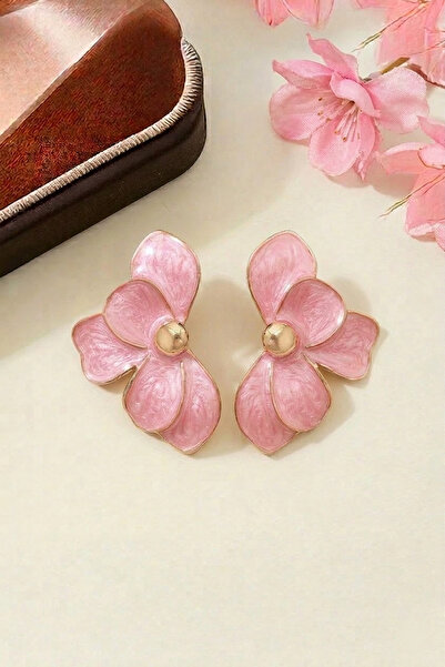 Glaren Pembe Çiçek Altın Renk Kadın Küpe