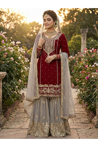 MYSMAR طقم بلوزة بلازو وشال من قماش جورجيت صناعي بلون خمري - HRT7427 - خمري