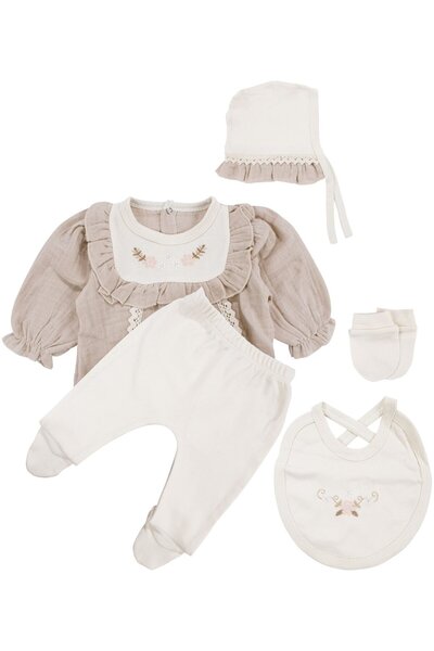 bebegen طقم خروج من المستشفى مكون من تطريز مثقوب قطع من الموسلين البيج المكشك...