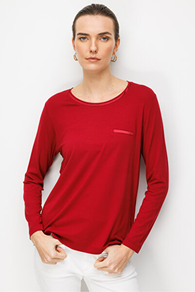 Desen Triko Women's Crew Neck Pocket Satin Striped Combed Cotton Blouse Red