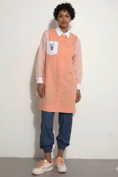 Kayra Kadın İşlemeli Cep Detaylı Tunik - Şeftali