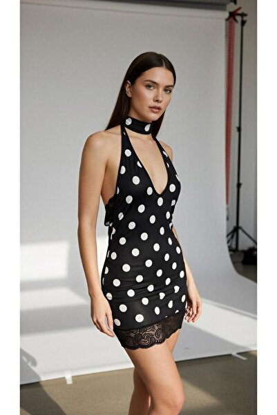 İZOSCA Puantiyeli Mini Fularlı Kadın Gecelik