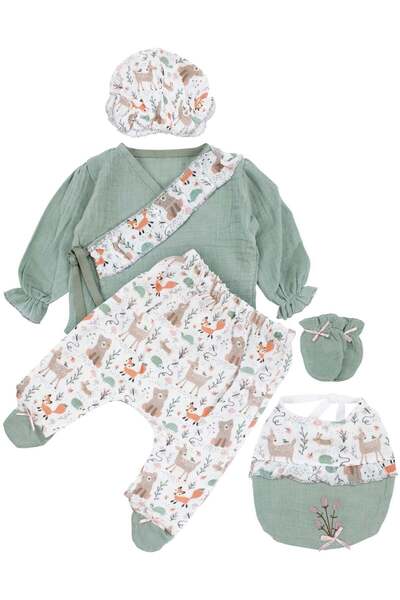 bebegen طقم خروج من المستشفى مكون من منقوش قطع من الموسلين باللونين الأخضر وا...