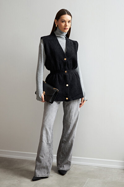 Yefrastore Women's Black Gold Button Detailed Soft Vest