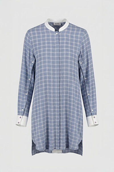 Kayra Kadın Kol Düğme Detaylı Uzun Tunik - Mavi