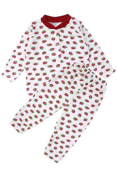 bebegen طقم بيجامة بناتي مطبوع عليه فراولة حمراء إكرو مع أزرار كبس
