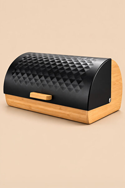 MİS KİTCHEN بامبو صندوق خبز - خزانة خبز بغطاء معدني أسود، صندوق خبز قابل للطي