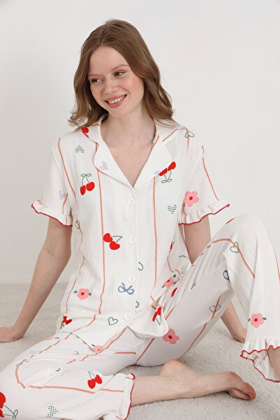 ELİTOL Bürümcük din material subțire Set de pijamale pentru femei cu mâneci s...