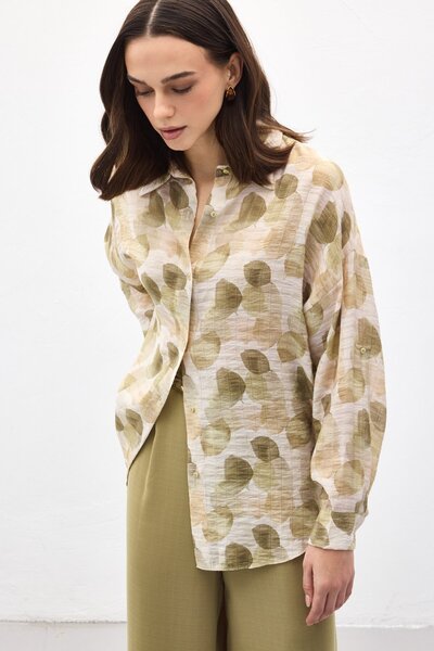 Sateen Slim Shirt with Folded Sleeves - Khaki