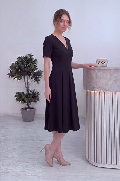 zks grup tekstil Women's Short Sleeve V-Neck Accessory Dress Midi Length Burg...