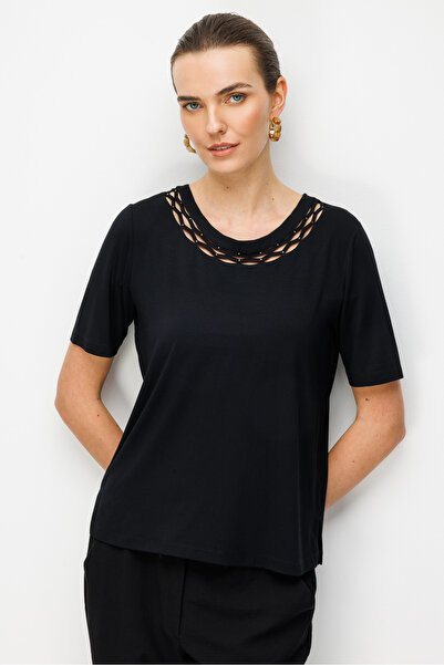 Desen Triko Γυναικείο μπλουζάκι με λαιμόκοψη ουράνιο, διπλή ρίγα και πέτρες, ...