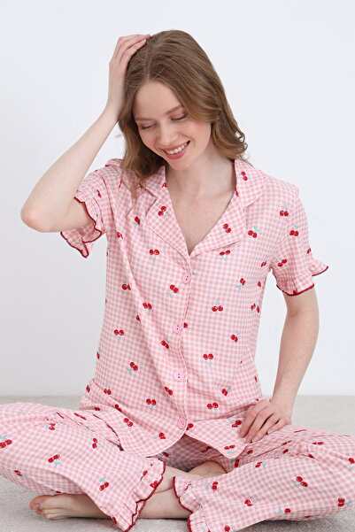 ELİTOL Bürümcük Πλεκτό Σετ Γυναικείας Πιτζάμας με Κοντά Μανίκια και Κουμπιά