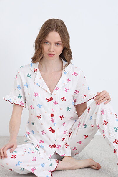 ELİTOL Bürümcük din material subțire Set de pijamale pentru femei cu mâneci s...