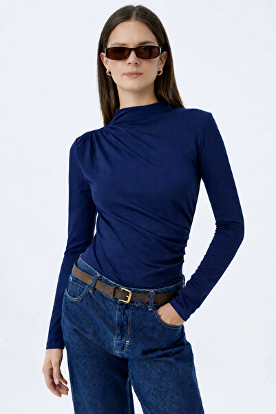 BEGBOR COLLECTİONS Navy Blue Draped Turtleneck Long Sleeve Blouse