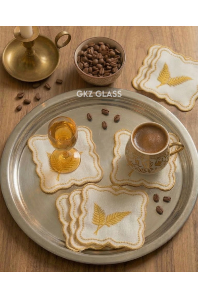 gkzglass home dekor 6 Adet Keten Kumaş Üzeri Nakışlı Kahve Yanı Kokteyl Peçet...