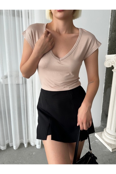 peralist Women's Beige V-Neck Low Sleeve Soft-Textured Stretchy Viscose Blouse