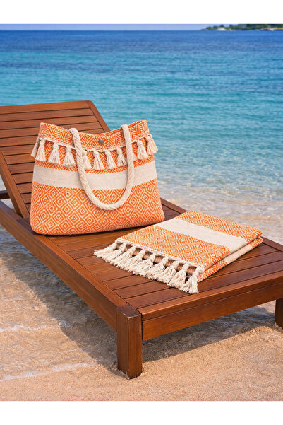 Life Line Lüks Dokuma Organik Pamuk Plaj Çantası ve Uyumlu Pareo Seti - İç Ce...