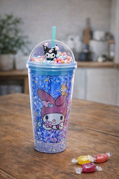 HEPBİMODA My Melody & Kuromi Figürlü Simli Işıklı Pipetli Bardak Kawaii Tasar...