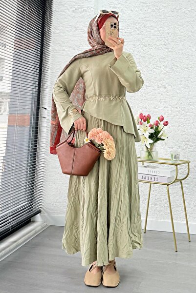 MELEK ARAZ Premium Asymmetrical Cut Linen Skirt Suit - Mold Green