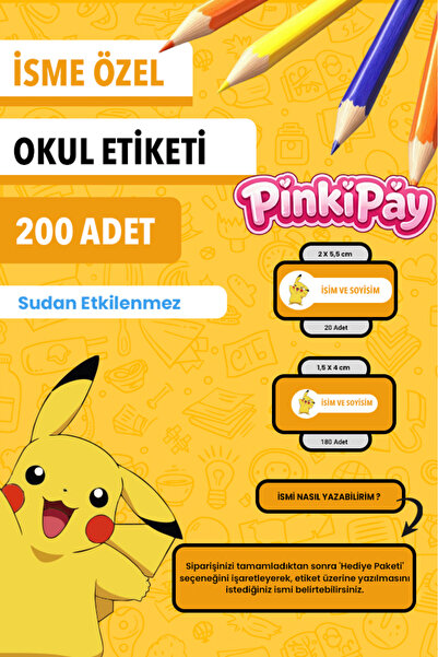 pinkipay İsim Yazılabilir Pikachu Temalı Okul Etiketi – Kalem & Defter İçin 2...