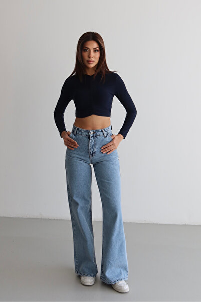 macharel jeans Γυναικείο τζιν ψηλόμεσο με πλαϊνή τσέπη παντελόνι palazzo