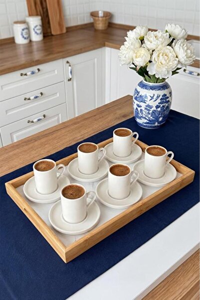 Atbyhome Aden 6 Kişilik 13 Parça Bambu Tepsili Porselen Türk Kahvesi Fincan T...