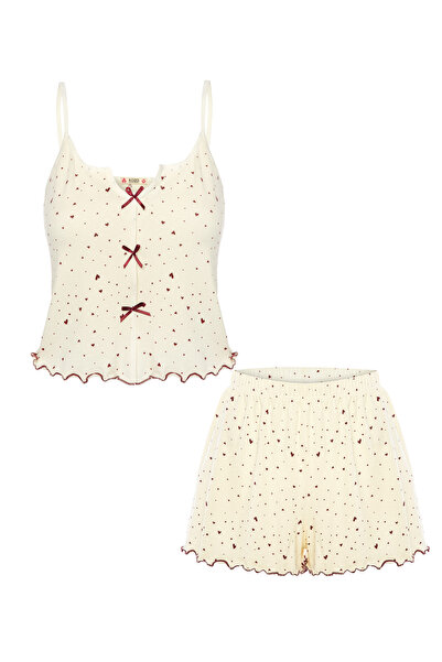 koza iç giyim Kadın İnce Askılı Fiyonklu Pamuklu Şortlu Pijama Takımı