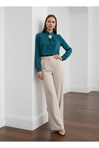 PERA MODA Stylish Blouse Shirt with Gold Brooch Detail