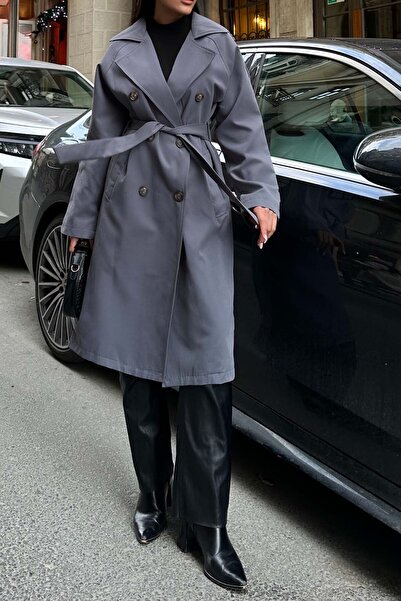 Kıyafetto Kadin Gri Kuşaklı Düğmeli Bondit Kumaş Su Gecirmez Trençkot HSZ028